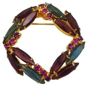 Blue Purple Navette Brooch Rhinestone Pink Wreath Pin Circle Glam Jewel Tone 60s